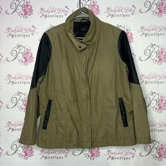 Danier coat jacket military cargo style olive army green with black leather - Picture 2 of 11